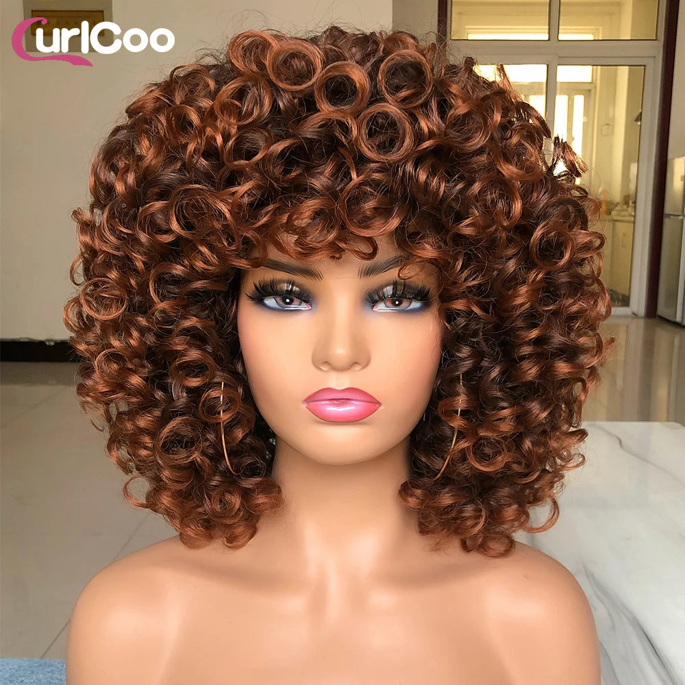Short Hair Afro Curly Wig Natural Blonde Hair Wigs with Bangs Fluffy Synthetic Ombre Cosplay Lolita Wigs For Black Women