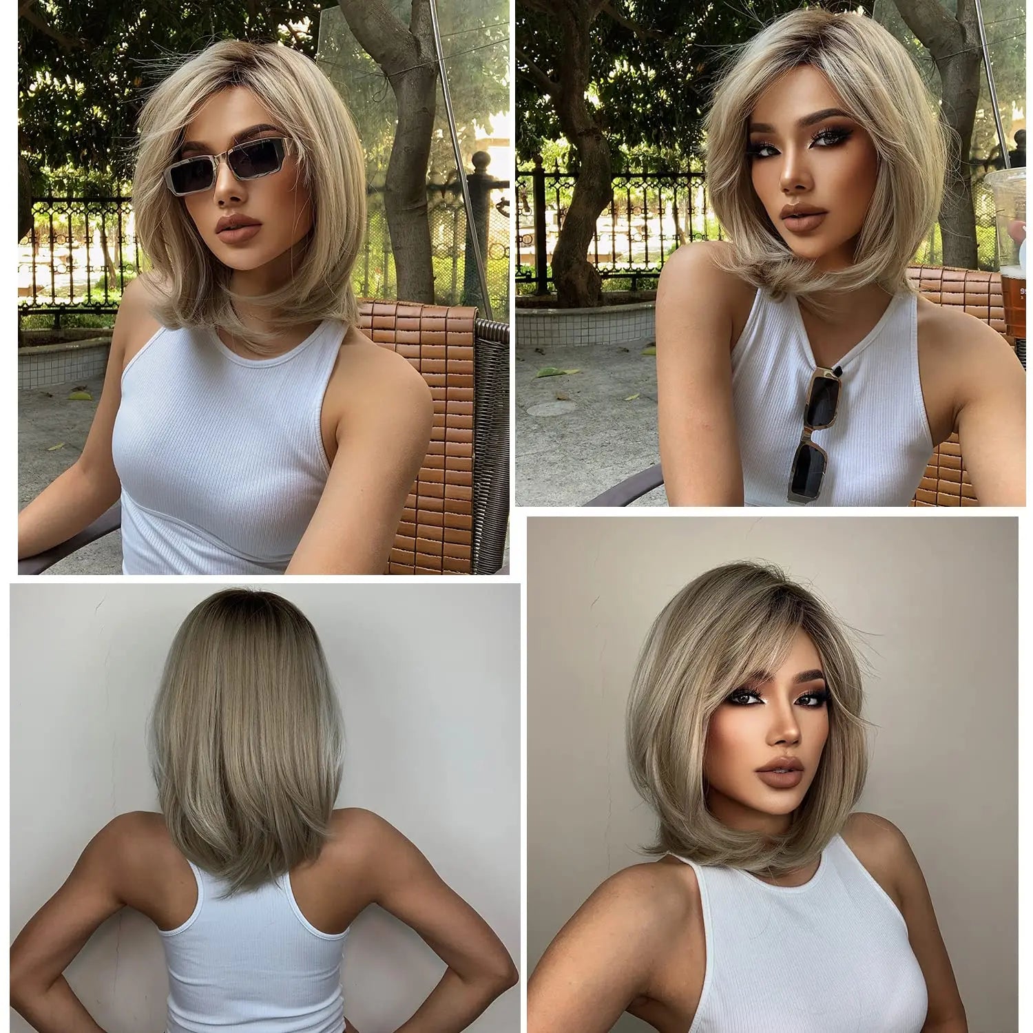 ALAN EATON Layered Synthetic Wig with Bangs Straight Short Highlights Blonde Hair Wigs with for Women Daily Use