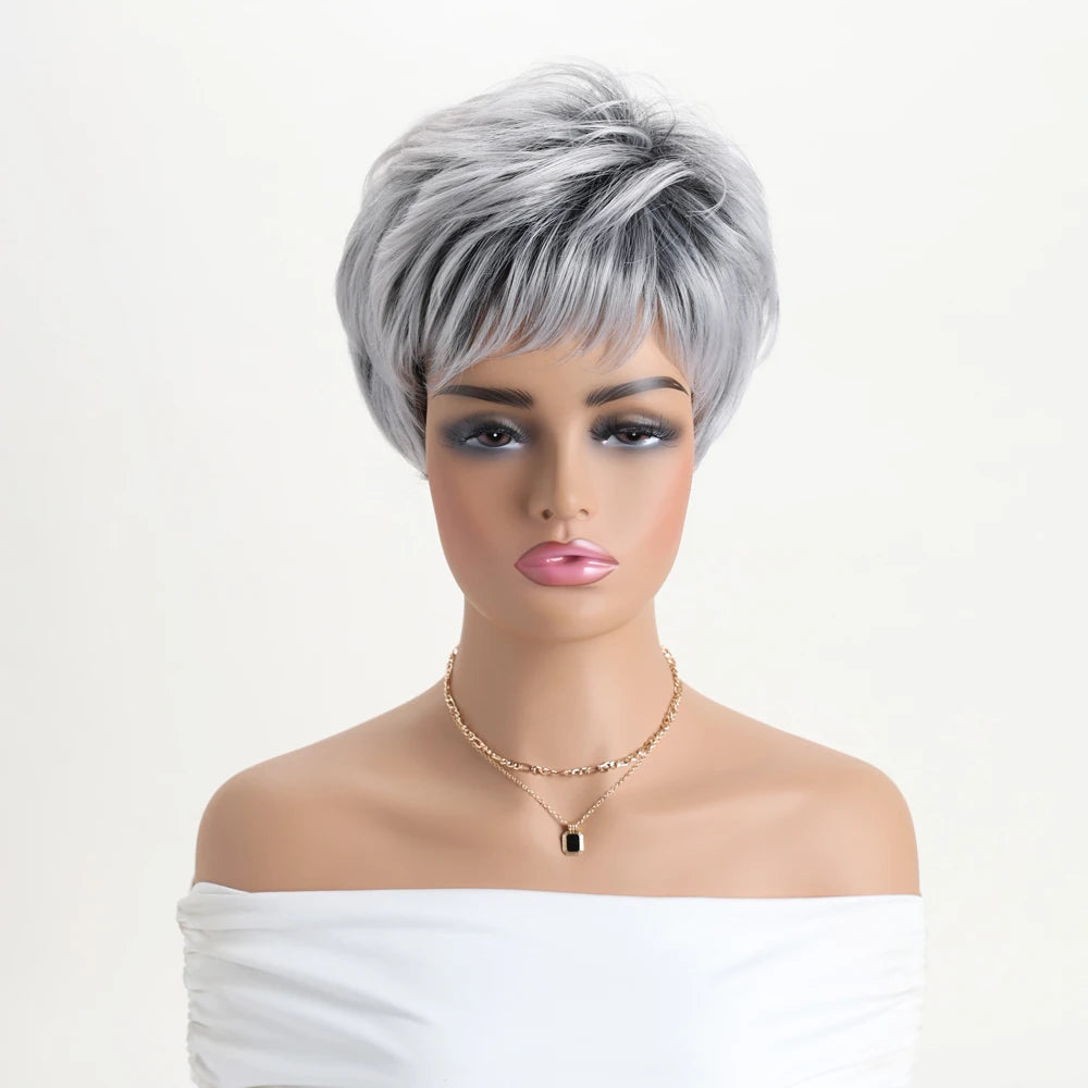 Short Natural Wigs with Bangs Soft Mommy Hair Daily Use Short  Grey Ombre Curly Synthetic Hair Costume Party Wig for Women
