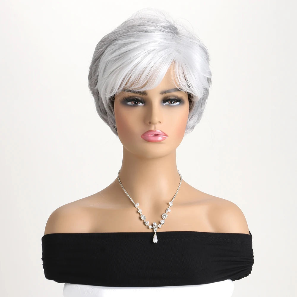Short Natural Wigs with Bangs Soft Mommy Hair Daily Use Short  Grey Ombre Curly Synthetic Hair Costume Party Wig for Women