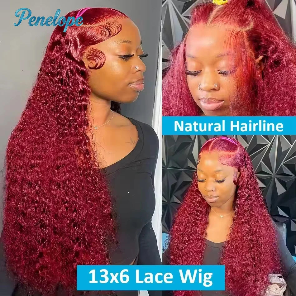 200% Density 99J 13x4 HD Lace Front Human Hair Style Wigs Burgundy 30 40 Inch Deep Wave Curly Glueless Lace Frontal Closure Wig