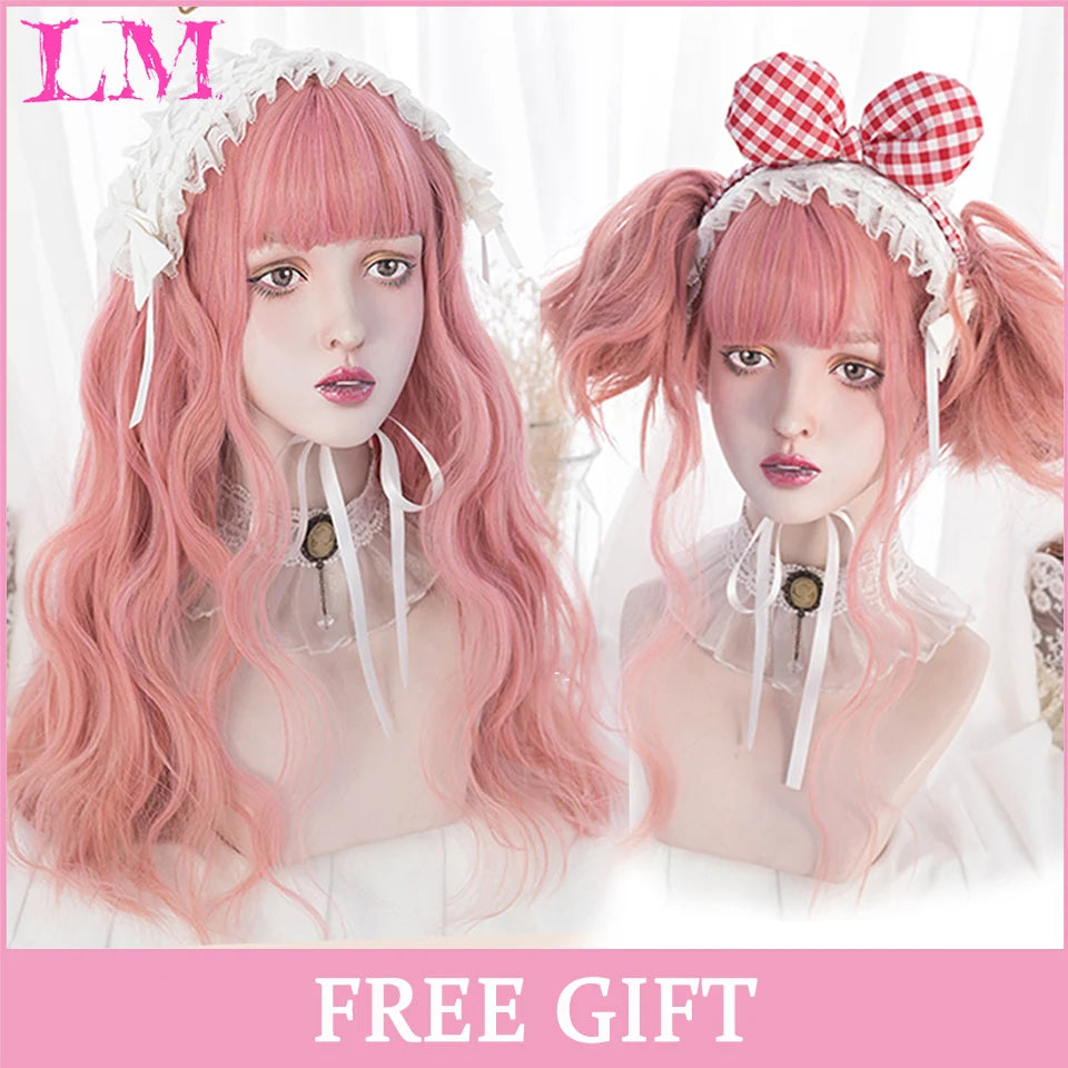 LM Cosplay Wig With Bangs Synthetic Straight Hair Wigs 24 Inch Long Heat-Resistant Pink Hair Style For Women
