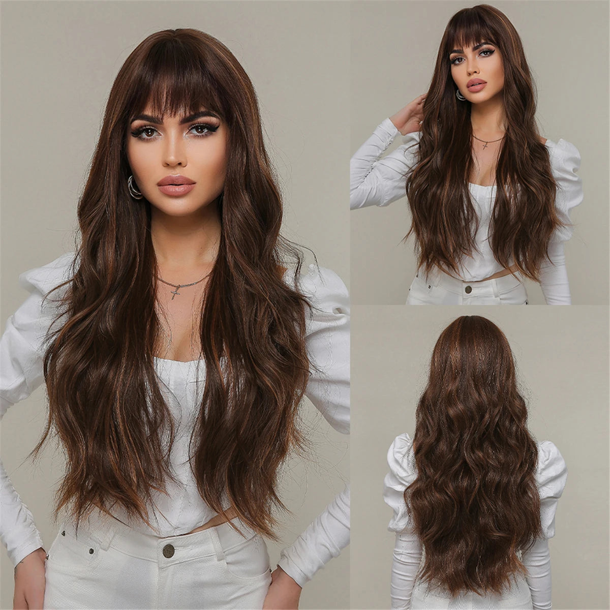 28 Inch Long Curly Wig With Bangs Ombre Brown Hair Style Wigs For Women Highlight Blonde Synthetic Wig For Daily Party Heat Resistant