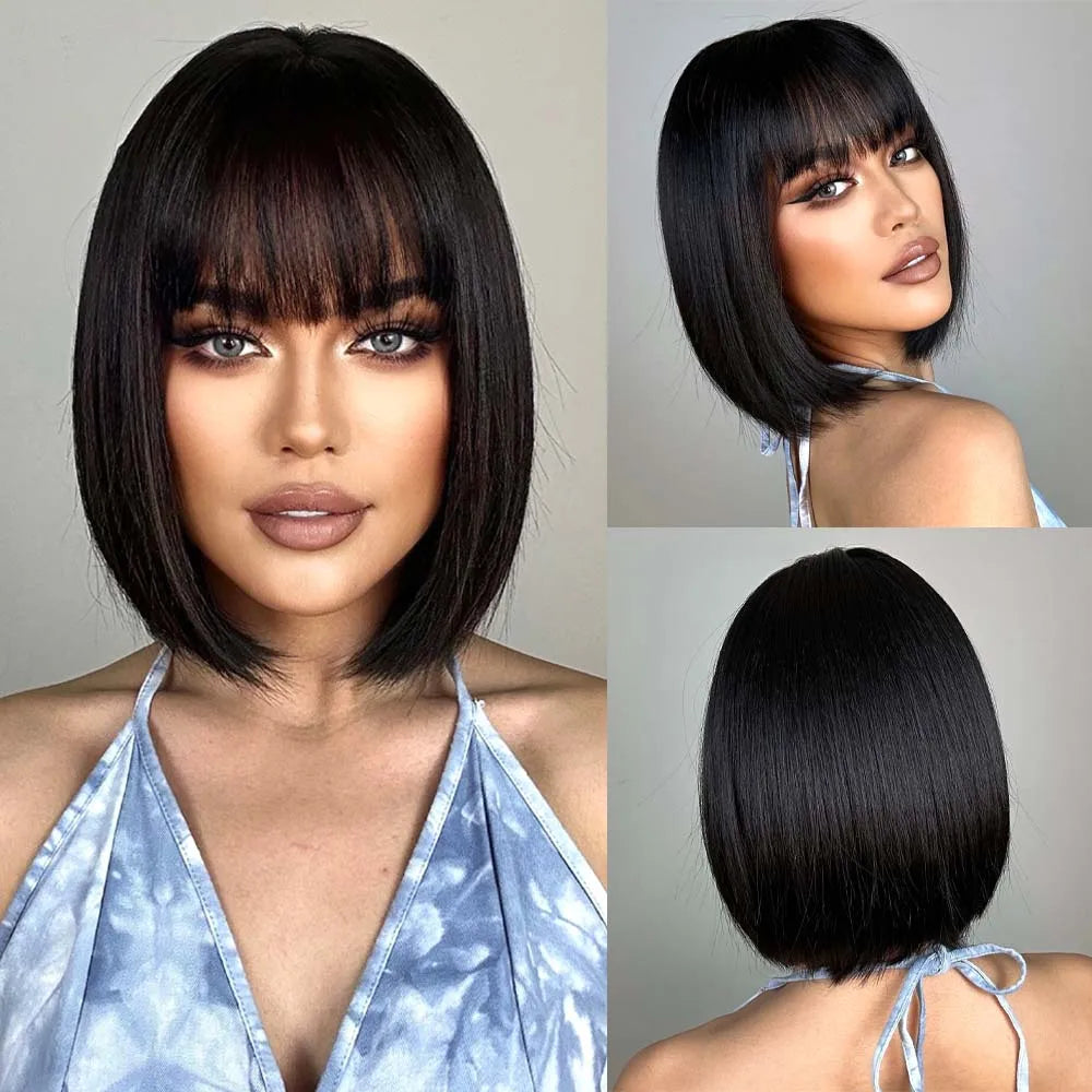 Short Straight Bob Synthetic Wigs Pink Natural Hair Wig with Bangs for Women Cosplay Cute Hair Style Heat Resistant Fiber