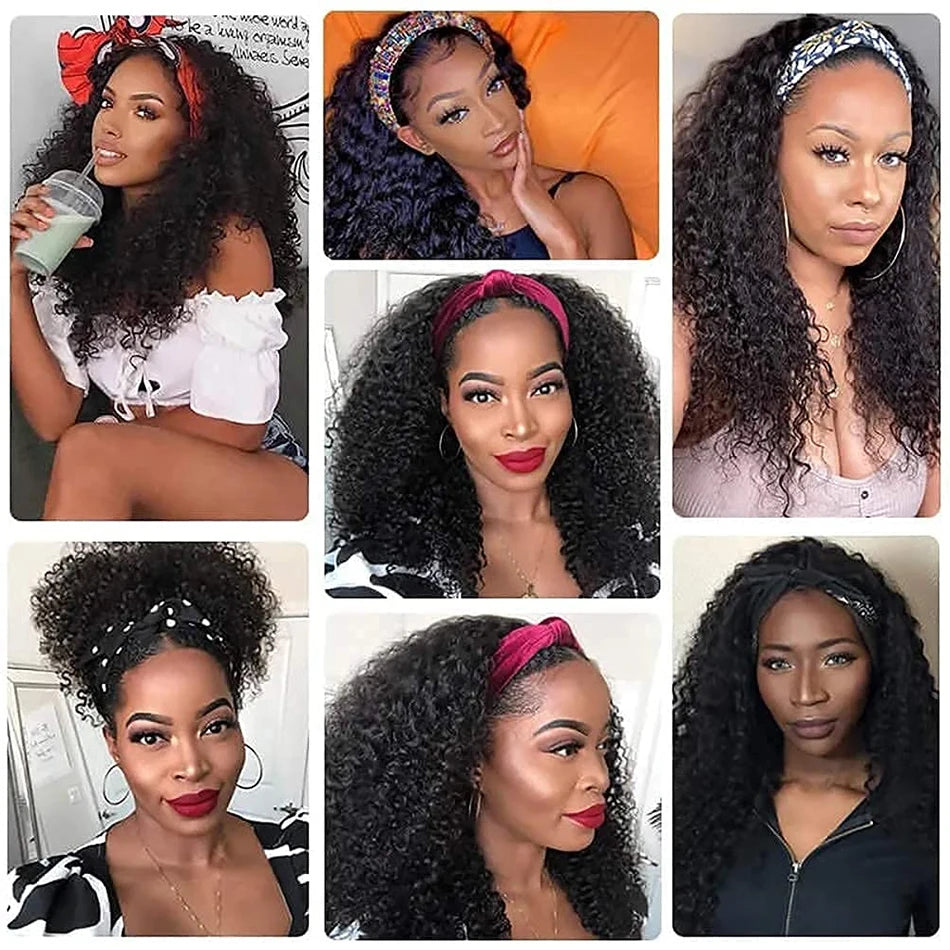 Jerry Curly Headband Human Hair Wig Brazilian Virgin Hair Perfect Natural Afro Look No Lace Needed 250% Scarf Machine Made Wig