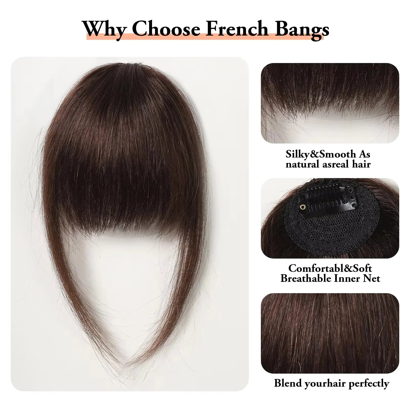 100% Human Hair Bangs Natural Brown Wispy Bang Wigs Hair Clip in Bangs Fringe with Temples Hairpiece for Women  Clip on Air Bang 4.5in Wigs Accessories