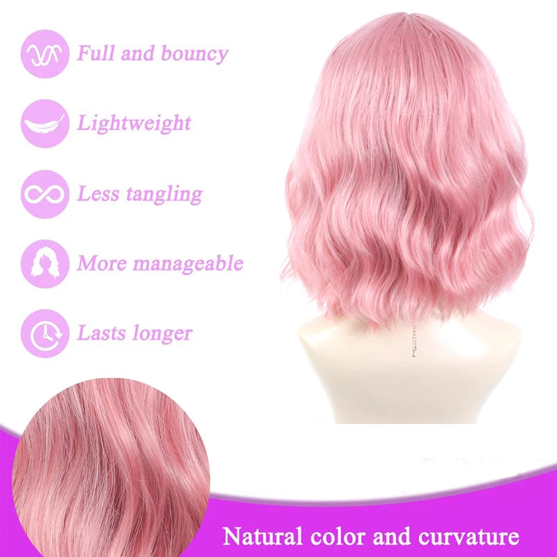 14Inch Pink Wig for Women Short Wavy Pastel Pink Hair Wigs with Lace Shoulder Length Middle Part Curly Wavy of Wigs