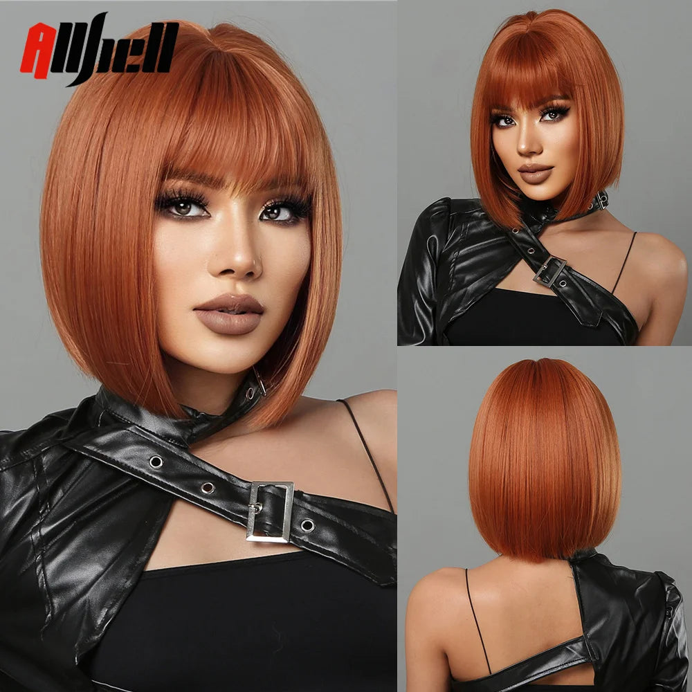 Medium Length Chestnut Brown Synthetic Wigs Hair Middle Part Wine Red Highlights Straight Wig Heat Resistant for Women Party Cosplay