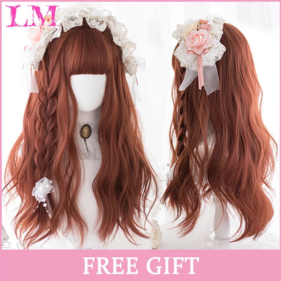 LM Cosplay Wig With Bangs Synthetic Straight Hair Wigs 24 Inch Long Heat-Resistant Pink Hair Style For Women