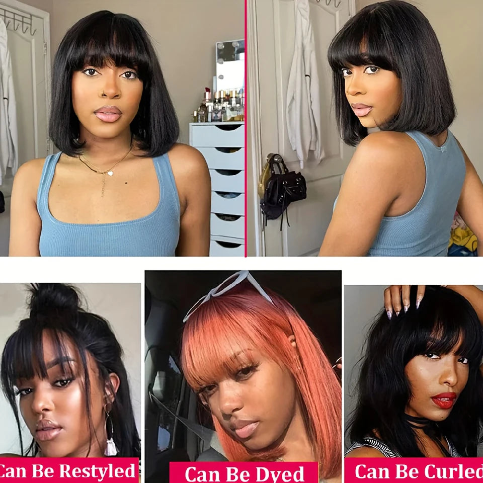 Straight Short Bob Wig With Bangs Vietnamese 100% Human Hair Double Drawn Bob Wigs Glueless Straight Wigs On Sale Clearance 180%bbb haircjvjvjvv
