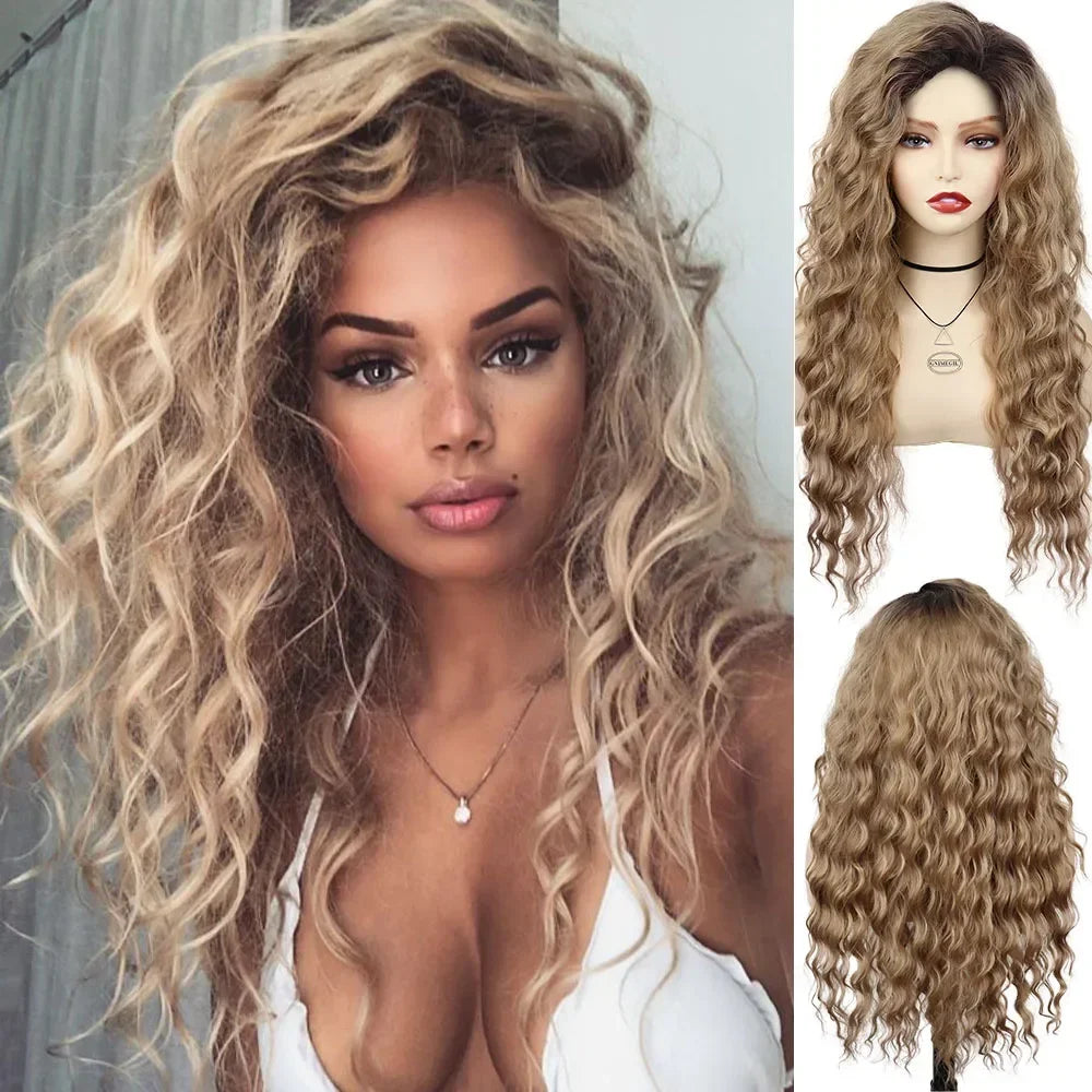 Womens Wig Long Synthetic Hair Ombre Blonde Curly Hair Wigs Female Natural Wavy Drag Queen Regular Wig 80s Gradient Hair Style Wigs for Student
