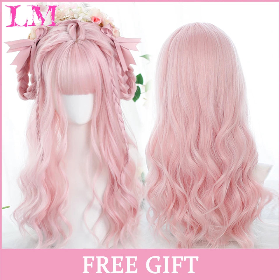 LM Cosplay Wig With Bangs Synthetic Straight Hair Wigs 24 Inch Long Heat-Resistant Pink Hair Style For Women