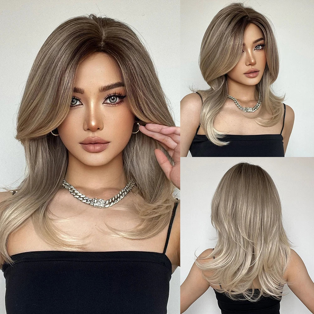 ELEMENT Synthetic Wig Medium Wavy Hair Brown Mixed Blonde Wigs for Women Daily Party Cool Heat Resistant Breathable Headband, Hair style