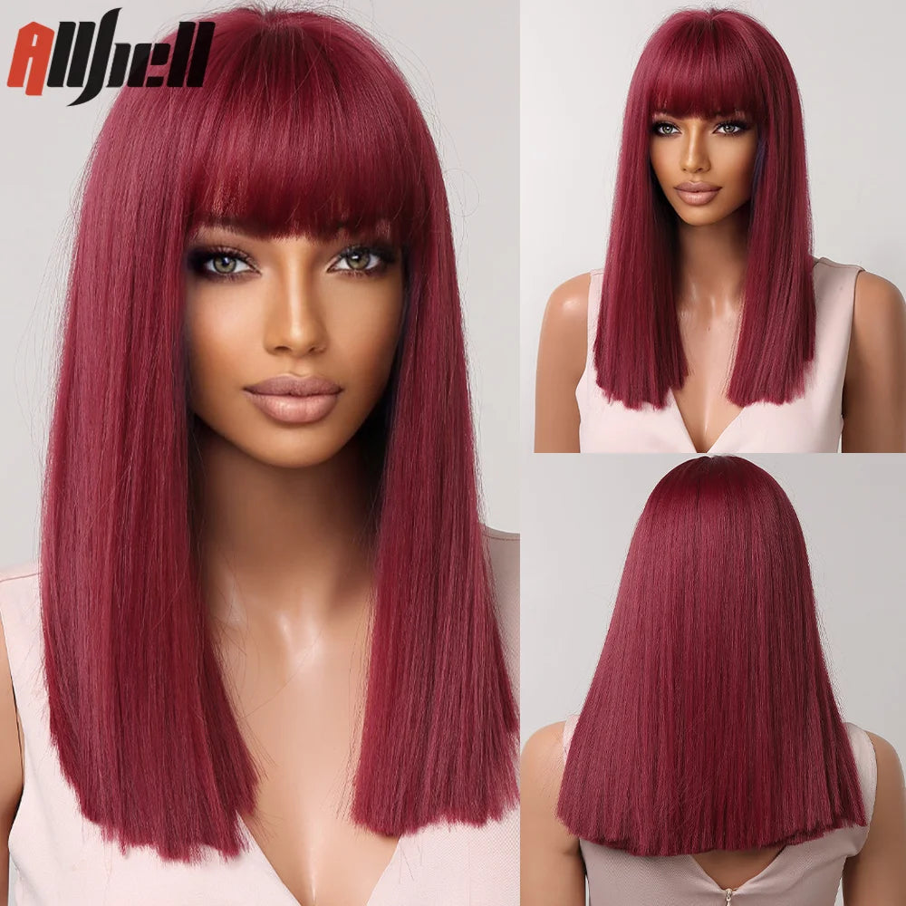 Medium Length Chestnut Brown Synthetic Wigs Hair Middle Part Wine Red Highlights Straight Wig Heat Resistant for Women Party Cosplay