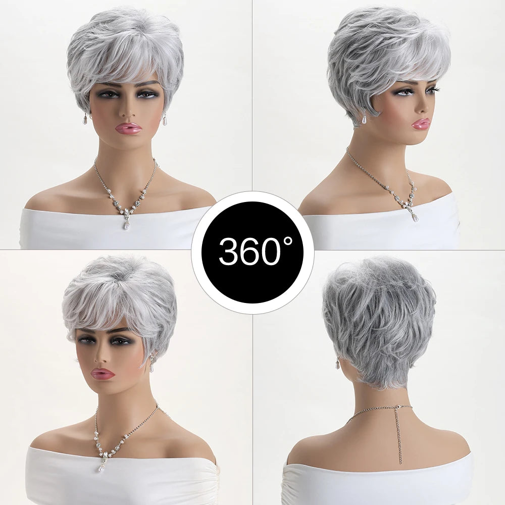 Short Natural Wigs with Bangs Soft Mommy Hair Daily Use Short  Grey Ombre Curly Synthetic Hair Costume Party Wig for Women