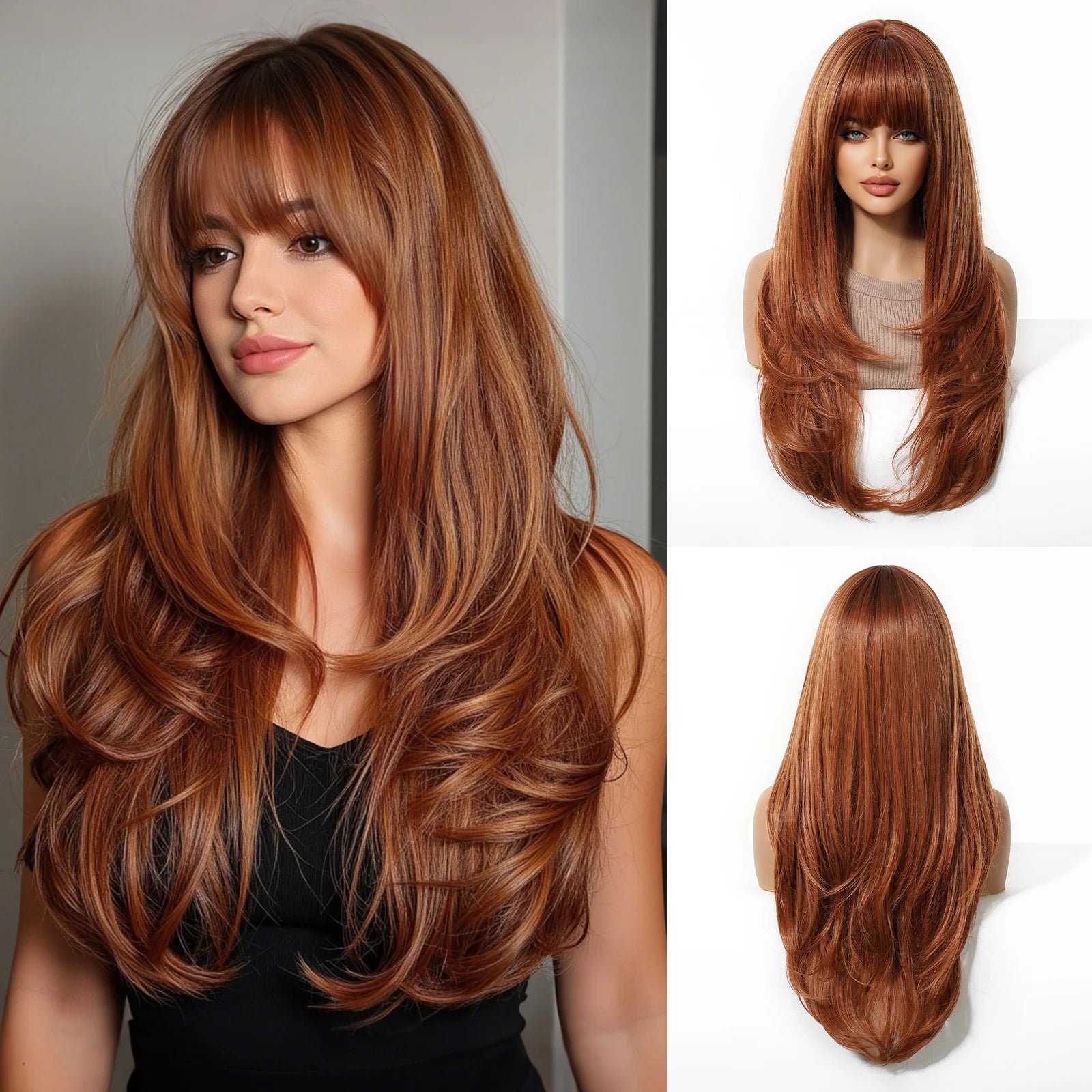 Long Copper Brown Synthetic Curly Wig for Women Auburn Hair Style Wigs with Bangs Layered Straight Hair Natural Daily Heat Resistant
