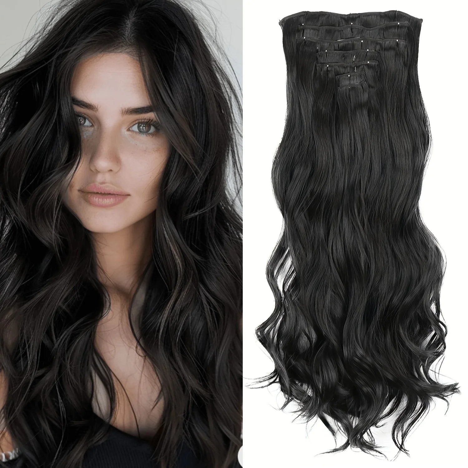 7Pcs/Set 16 Clips Wig Hair Accessories Extension Black Long Straight Natural Hair Wigs Ombre Hairpiece Heat Resistant Fiber For Women Hair Style