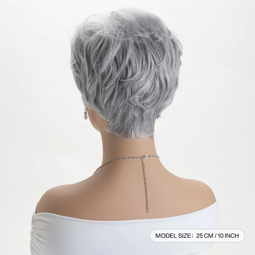 Short Natural Wigs with Bangs Soft Mommy Hair Daily Use Short  Grey Ombre Curly Synthetic Hair Costume Party Wig for Women