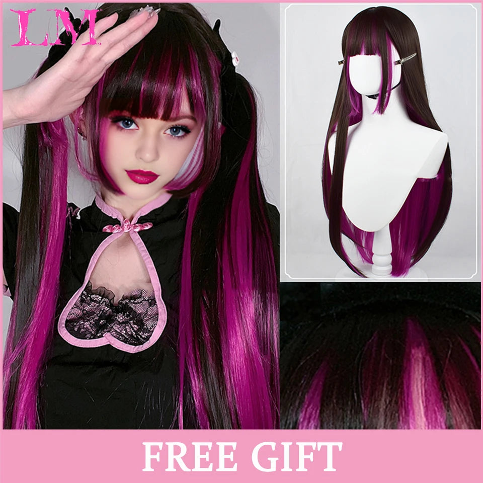 LM Cosplay Wig With Bangs Synthetic Straight Hair Wigs 24 Inch Long Heat-Resistant Pink Hair Style For Women