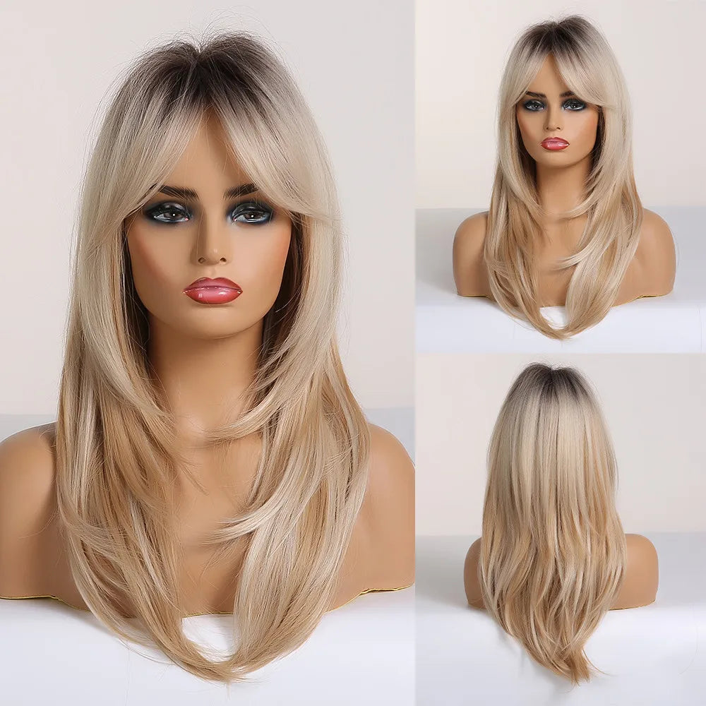 ALAN EATON Long Brown Highlight Synthetic Wig Layered Straight Hair Style Wigs Realistic Fake Hair for Daily Wear High Temperature Wigs