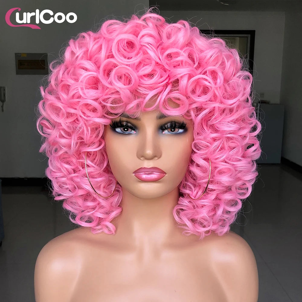 Short Hair Afro Curly Wig Natural Blonde Hair Wigs with Bangs Fluffy Synthetic Ombre Cosplay Lolita Wigs For Black Women