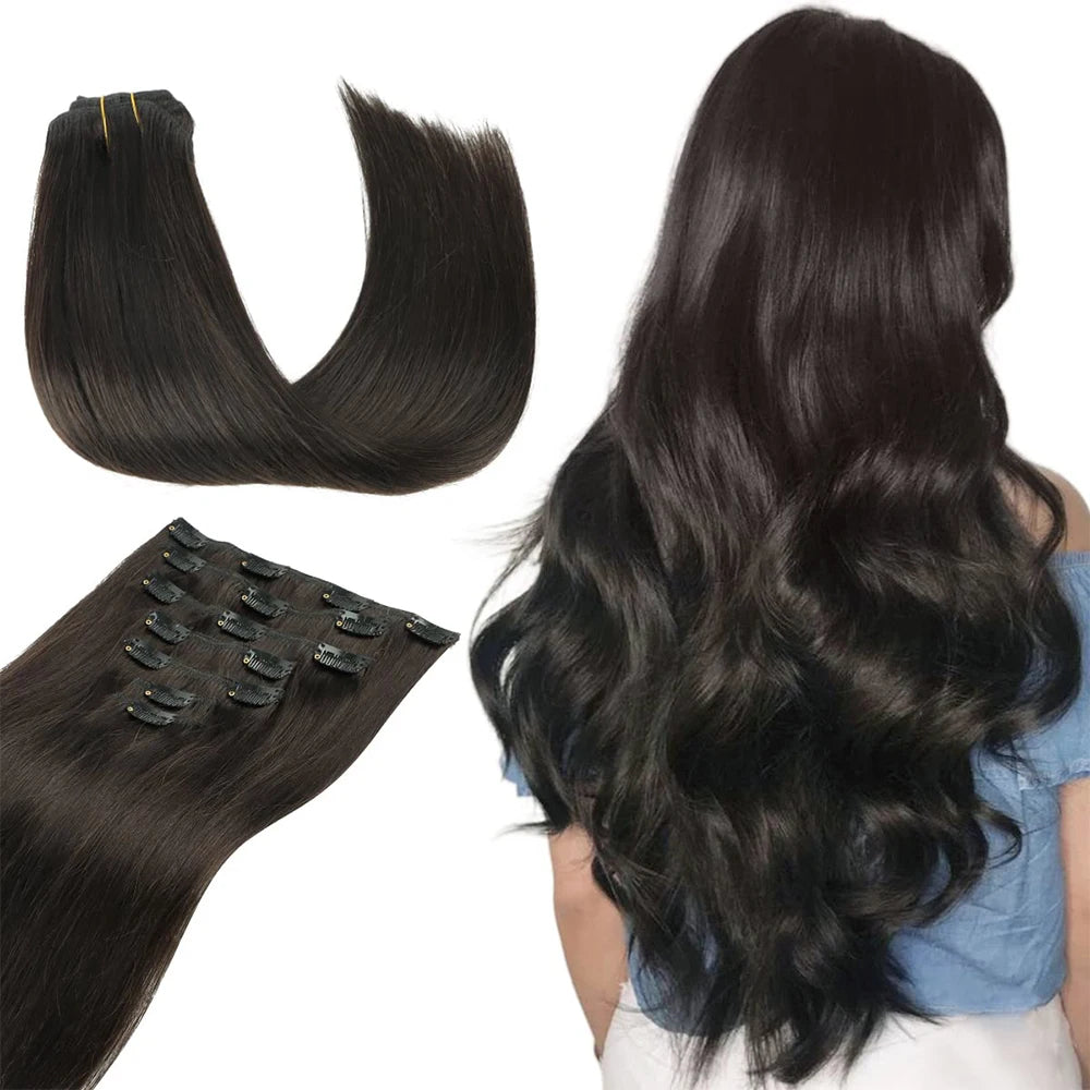 7Pcs/Set 16 Clips Wig Hair Accessories Extension Black Long Straight Natural Hair Wigs Ombre Hairpiece Heat Resistant Fiber For Women Hair Style