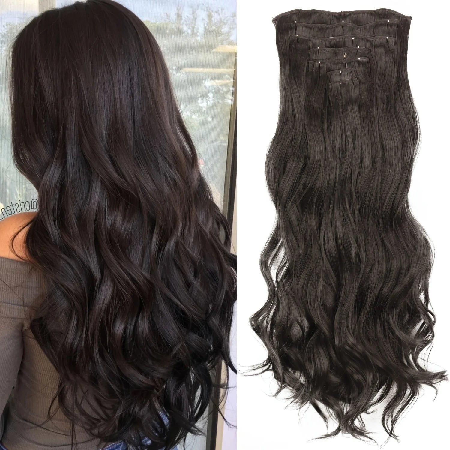 7Pcs/Set 16 Clips Wig Hair Accessories Extension Black Long Straight Natural Hair Wigs Ombre Hairpiece Heat Resistant Fiber For Women Hair Style