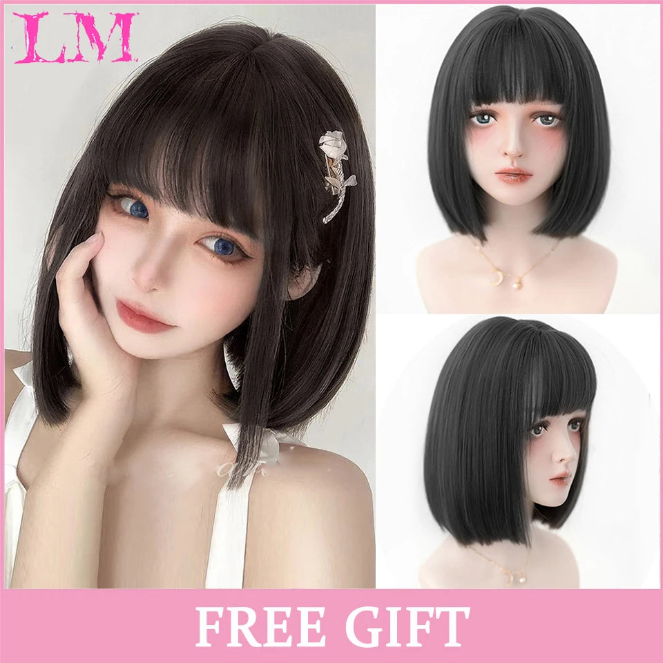 LM Cosplay Wig With Bangs Synthetic Straight Hair Wigs 24 Inch Long Heat-Resistant Pink Hair Style For Women