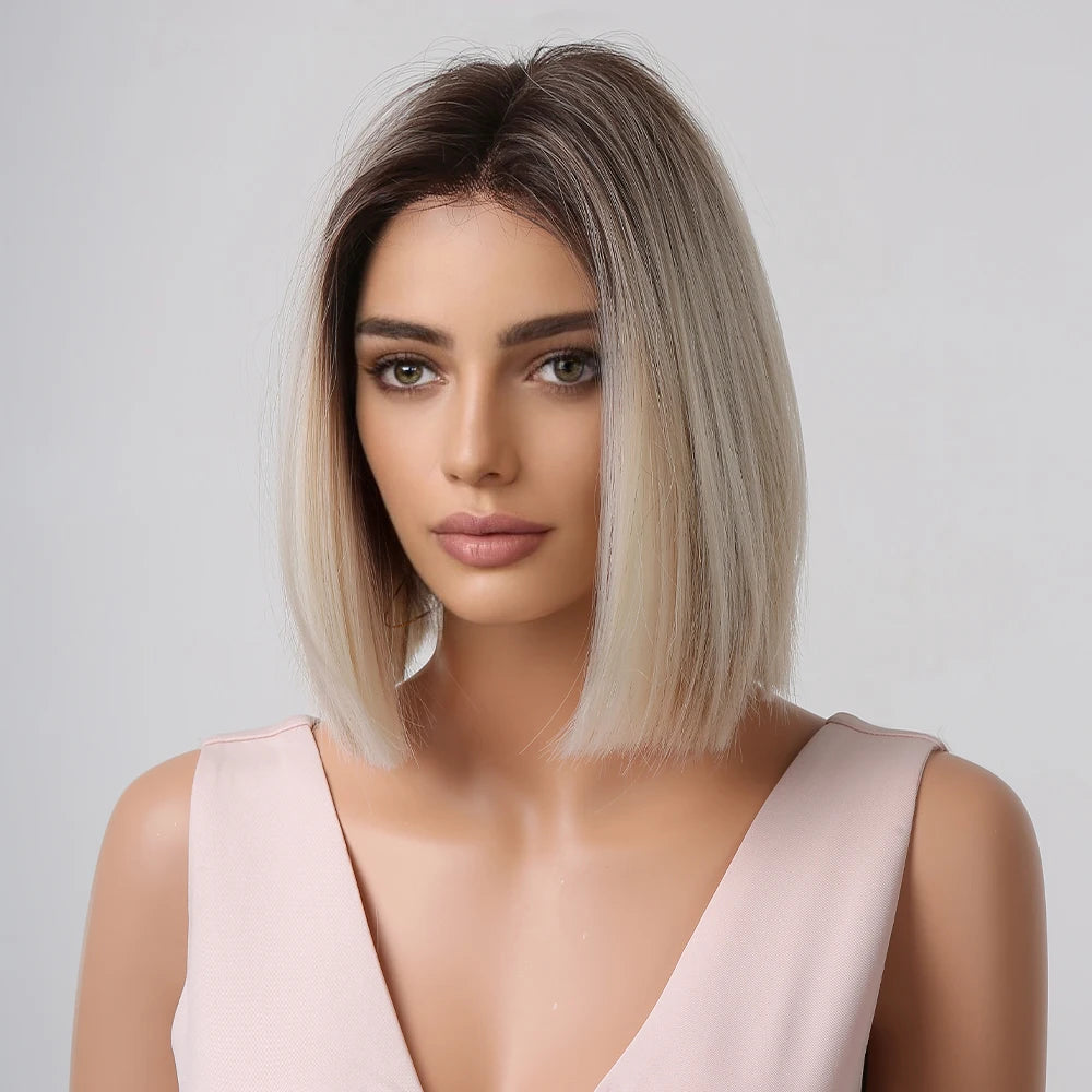 Brown Blonde Ombre Synthetic Hair Wigs Short Straight Bob Wig for Women Middle Part Lolita Cosplay Natural Hair Heat Resistant Fiber