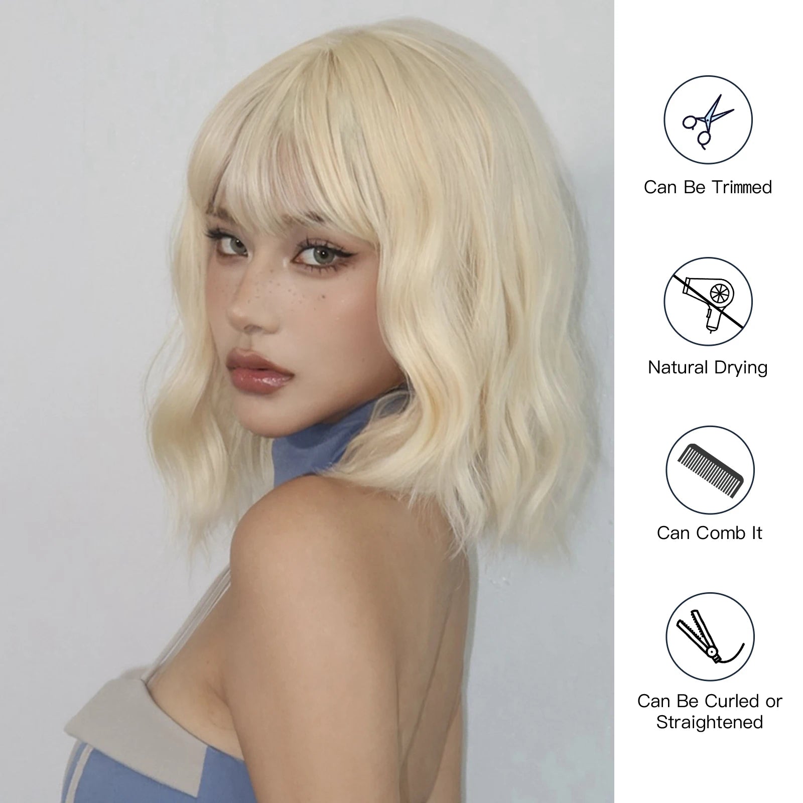Blonde Short Curly Bob Synthetic Wig with Bangs Platium Golden Lolita Cosplay Wigs for Women Daily Party Cosplay Heat Resistant of Hair Wigs