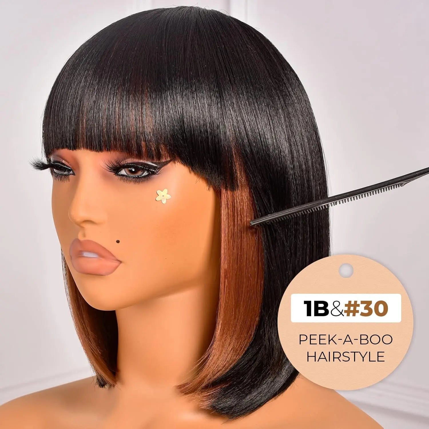 Bob Wig with Bangs- 12inch Black Women's Short Bob Hair Wigs Black Mixed Brown Daily Wear Wig, Light Color Yak Straight Synthetic Wig Heat Resistant