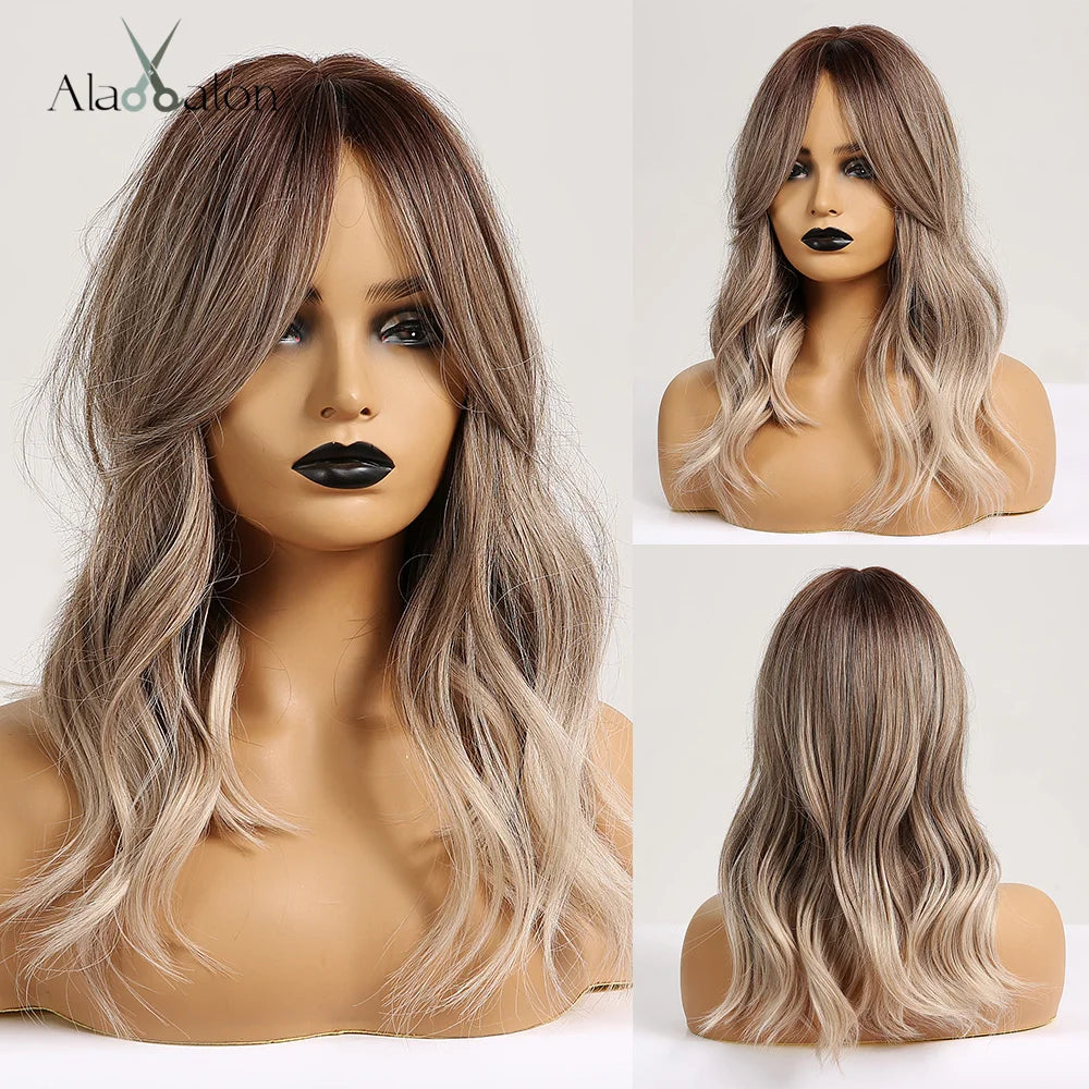 ALAN EATON Layered Synthetic Wig with Bangs Straight Short Highlights Blonde Hair Wigs with for Women Daily Use
