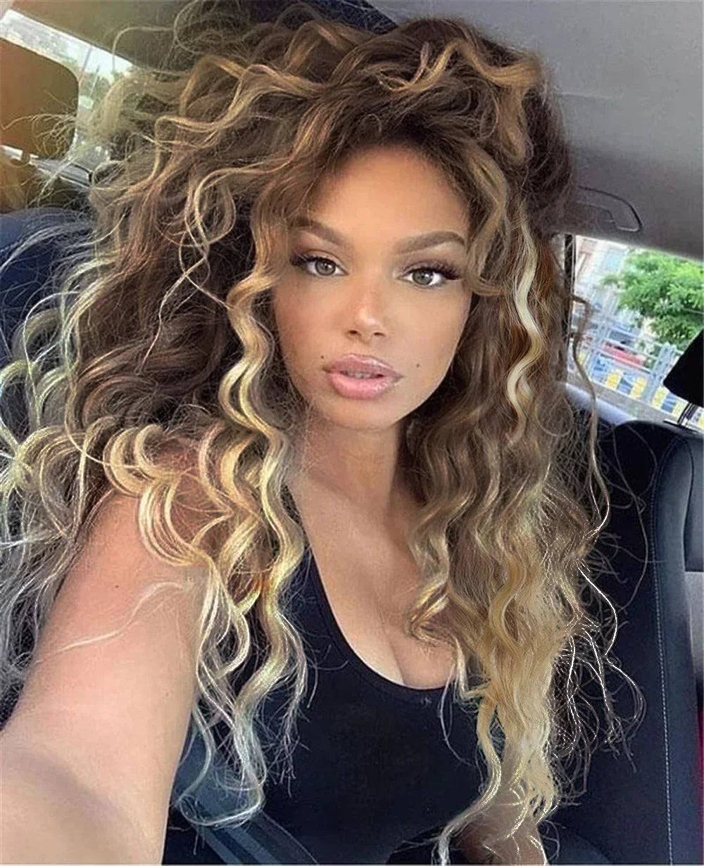 Womens Wig Long Synthetic Hair Ombre Blonde Curly Hair Wigs Female Natural Wavy Drag Queen Regular Wig 80s Gradient Hair Style Wigs for Student