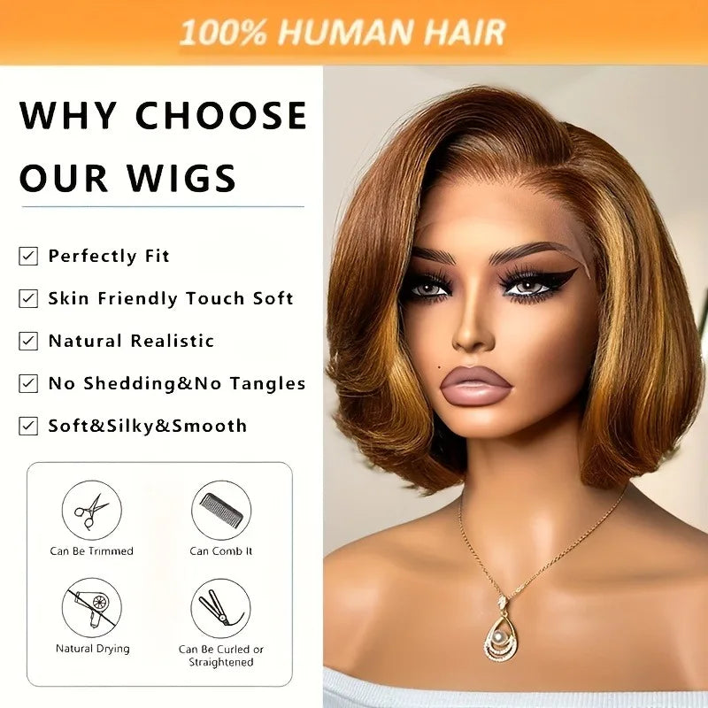 Straight Ombre Lace Front Wig Human Hair 18inch 4/27 Highlight Wig Human Hair Pre-plucked, 13x4 Straight Honey Blonde Mix Brown