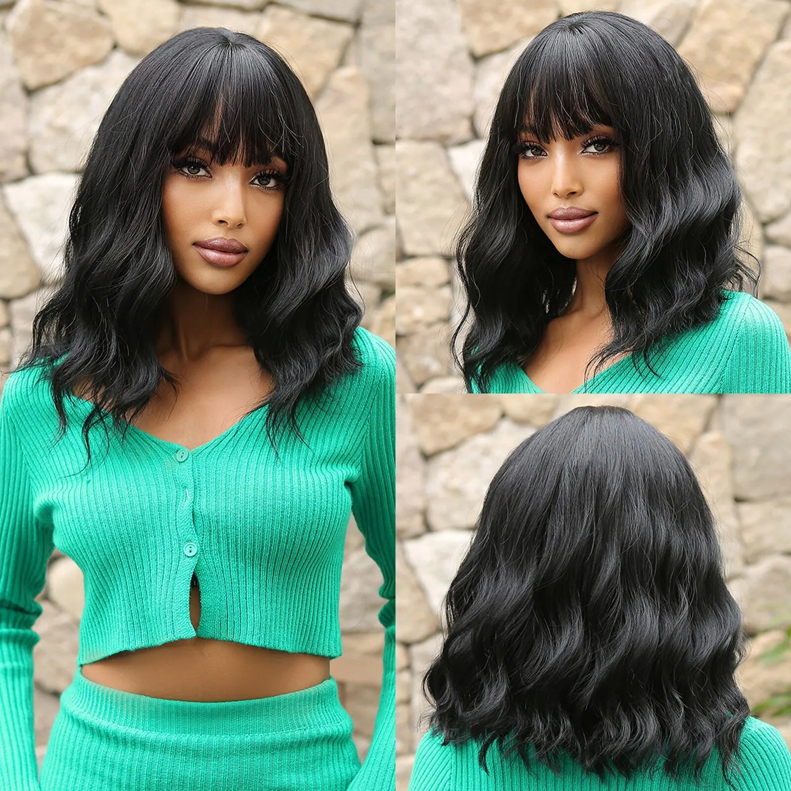 Women Grey Wavy Bob Wigs with Bangs Short Blonde Ombre Synthetic Hair Wigs With with Dark Roots Natural Hair Style for Women Daily Use