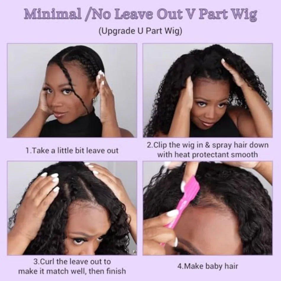 30 Inch Curly V Part Wig Human Hair Brazilian Virgin Human Hair Wig  Upgrade U Part Wig Glueless V Shape Wig Natural Black Color