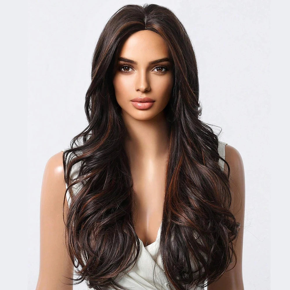 26in Highlight Brown Wave Curly Wigs Heat Resistant Synthetic Hair Style Wigs for Women Natural Look for Cosplay, Daily Use Halloween Party