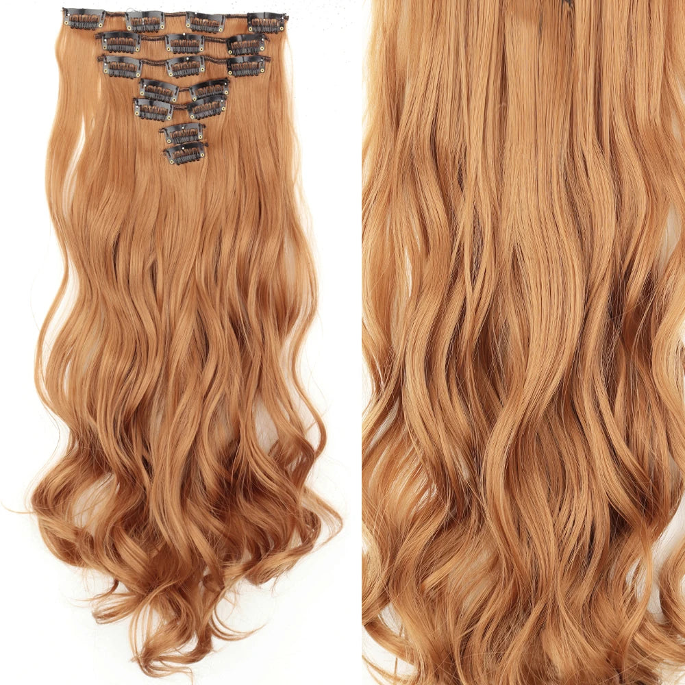7Pcs/Set 16 Clips Wig Hair Accessories Extension Black Long Straight Natural Hair Wigs Ombre Hairpiece Heat Resistant Fiber For Women Hair Style