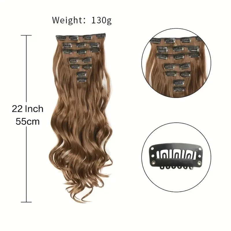 Clip In Wig Hair Extensions 7 PCS Full Head 22 Inch Long Curly Wavy Synthetic Hair Wigs Pieces Natural Wavy For Women Girls Hair Style