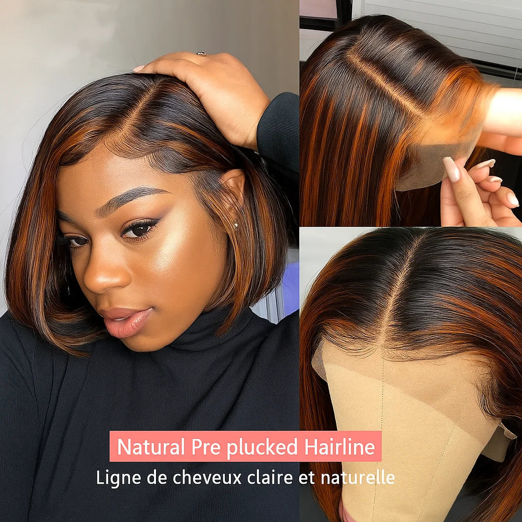 Highlight Colored 13x4 Lace Frontal Wig Silky Straight Human Hair Style Wigs Front Short Bob Wigs Pre Cut Glueless Straight Bob Wigs