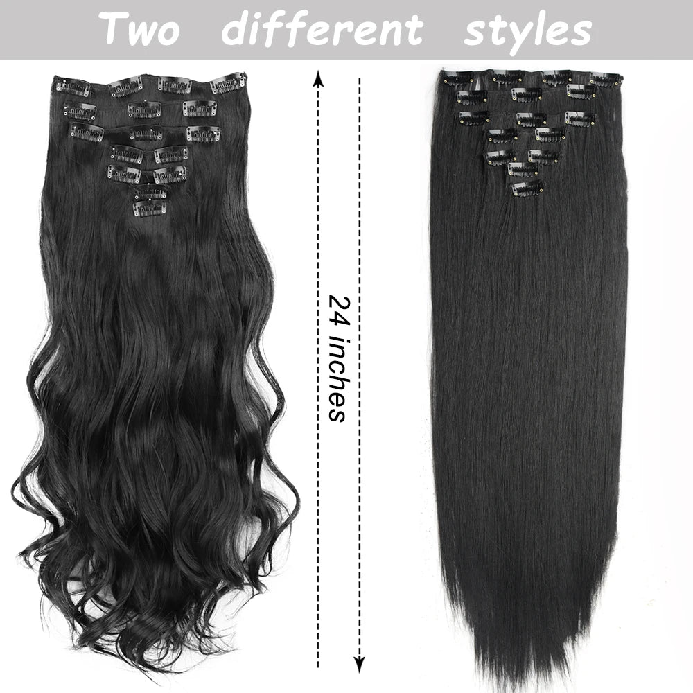 7Pcs/Set 16 Clips Wig Hair Accessories Extension Black Long Straight Natural Hair Wigs Ombre Hairpiece Heat Resistant Fiber For Women Hair Style