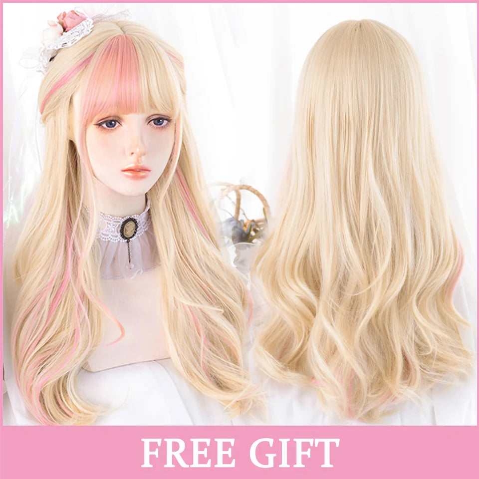 LM Cosplay Wig With Bangs Synthetic Straight Hair Wigs 24 Inch Long Heat-Resistant Pink Hair Style For Women