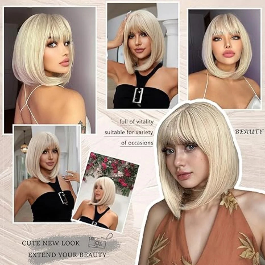 EASIHAIR Synthetic Bob Wig with Bang Short Straight Light Blonde Beige Natural Wigs Hair for Women Daily Cosplay Heat Resistant