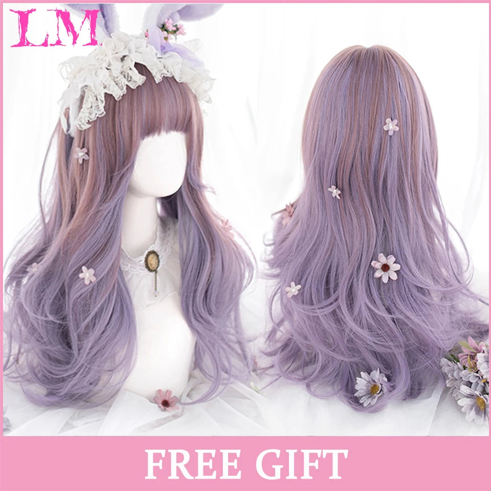 LM Cosplay Wig With Bangs Synthetic Straight Hair Wigs 24 Inch Long Heat-Resistant Pink Hair Style For Women