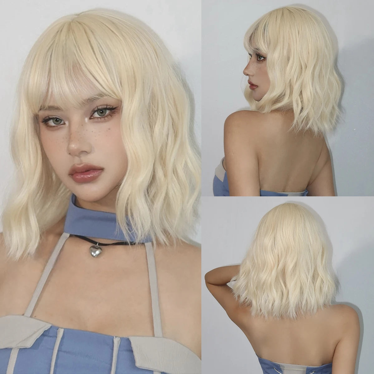 Blonde Short Curly Bob Synthetic Wig with Bangs Platium Golden Lolita Cosplay Wigs for Women Daily Party Cosplay Heat Resistant of Hair Wigs