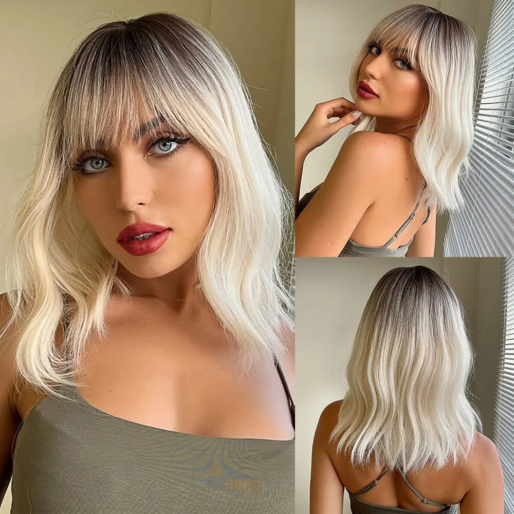 Women Grey Wavy Bob Wigs with Bangs Short Blonde Ombre Synthetic Hair Wigs With with Dark Roots Natural Hair Style for Women Daily Use