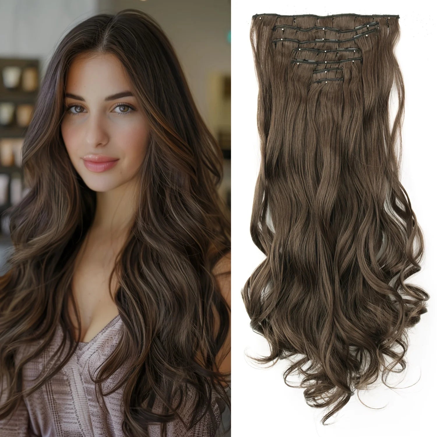 7Pcs/Set 16 Clips Wig Hair Accessories Extension Black Long Straight Natural Hair Wigs Ombre Hairpiece Heat Resistant Fiber For Women Hair Style