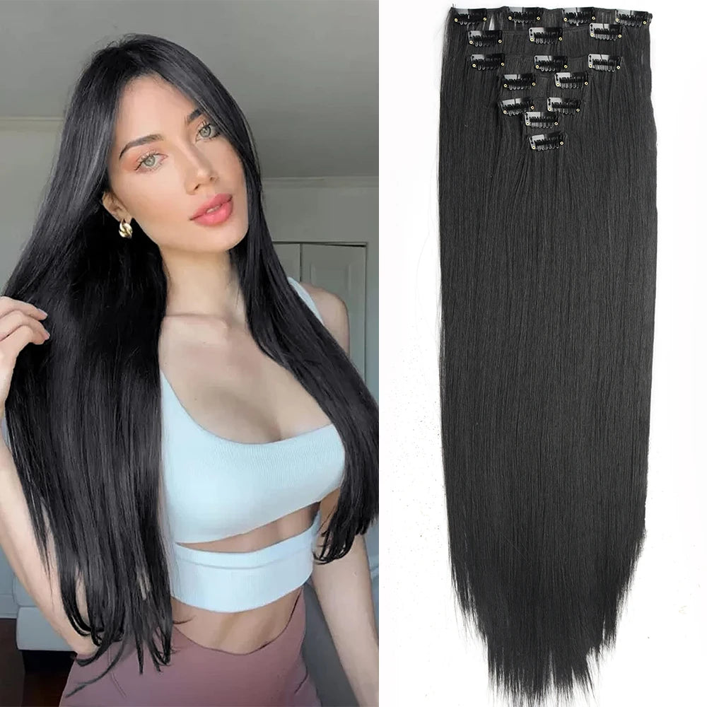 7Pcs/Set 16 Clips Wig Hair Accessories Extension Black Long Straight Natural Hair Wigs Ombre Hairpiece Heat Resistant Fiber For Women Hair Style