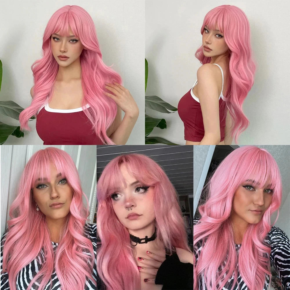 Pink synthetic wig with big waves for Halloween party, cosplay wigs, daily wig, high-temperature hair accessory wig set