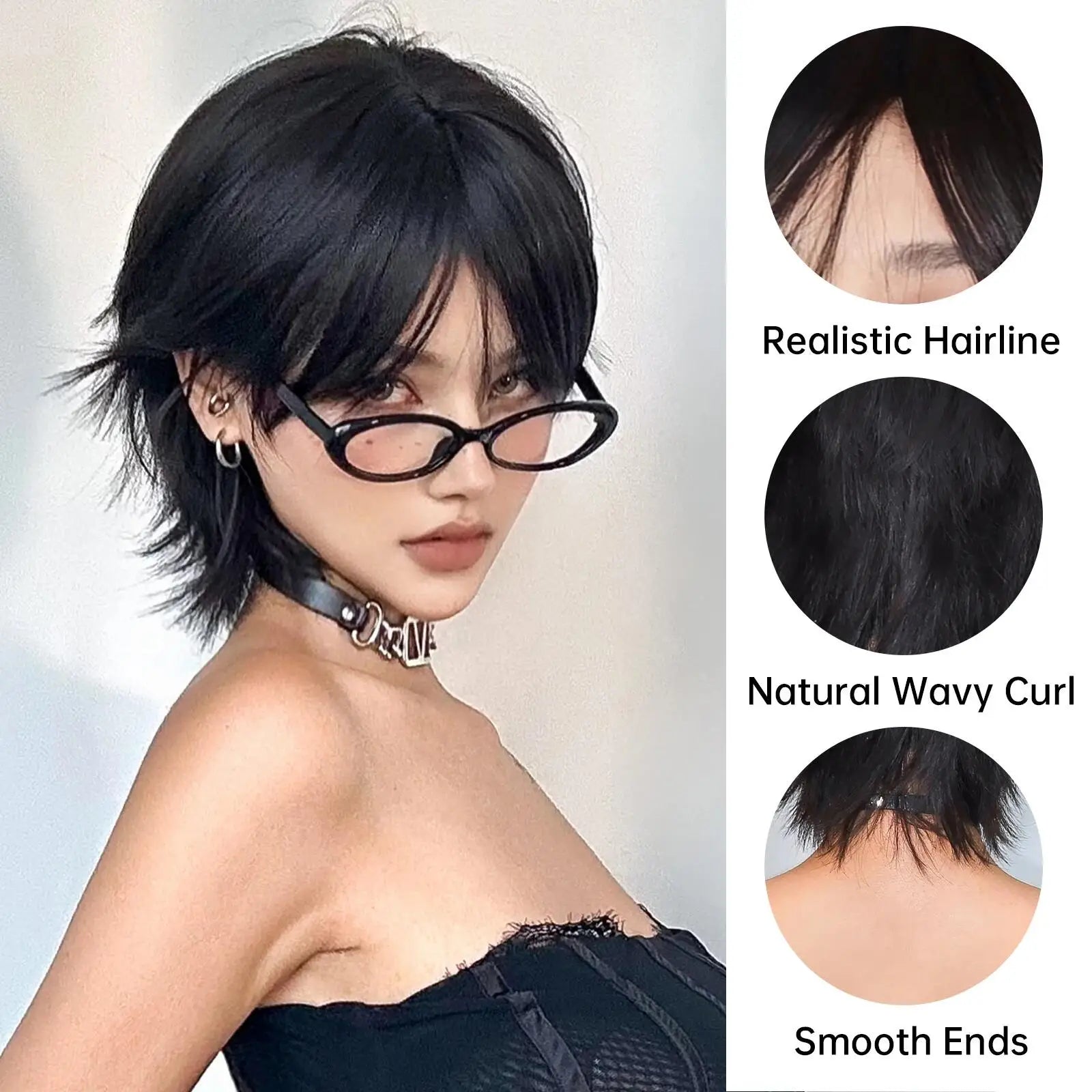 12 inch short salmon head wig with bangs, women's short straight black synthetic wigs, party daily use elf cut short wigs for Women of Wigs Extension and Accessories
